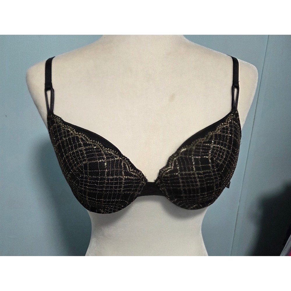 Victoria's Secret Black Gold Metallic‎ Plaid Push-Up Bra 32D 858629-QC5